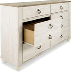 Signature Design by Ashley Willowton 6-Drawer Coastal Dresser, Whitewash | 6 drawer capacity, Coastal farmhouse style, Textured whitewash finish, Driftwood plank effect top, ASTM F 2057 compliant