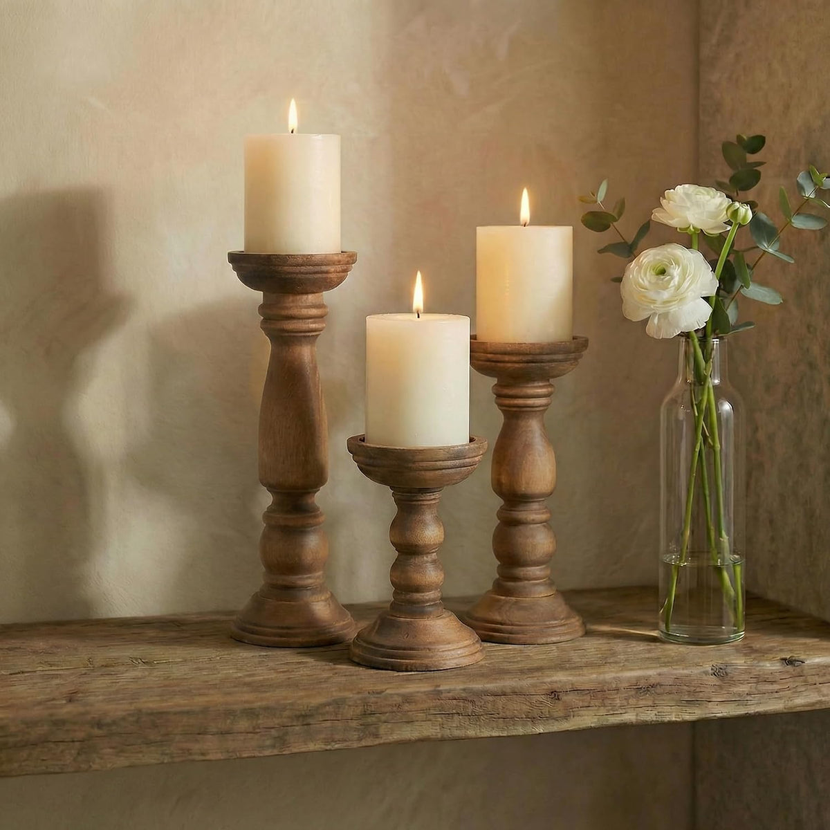 BANOMII Farmhouse Wooden Candle Holders for Pillar Candles Set of 3, Rustic Wood Candle Holder Table Centerpiece Decor, 12'' 9'' 6'' Vintage Tall Candle Stand Decorative, Brown