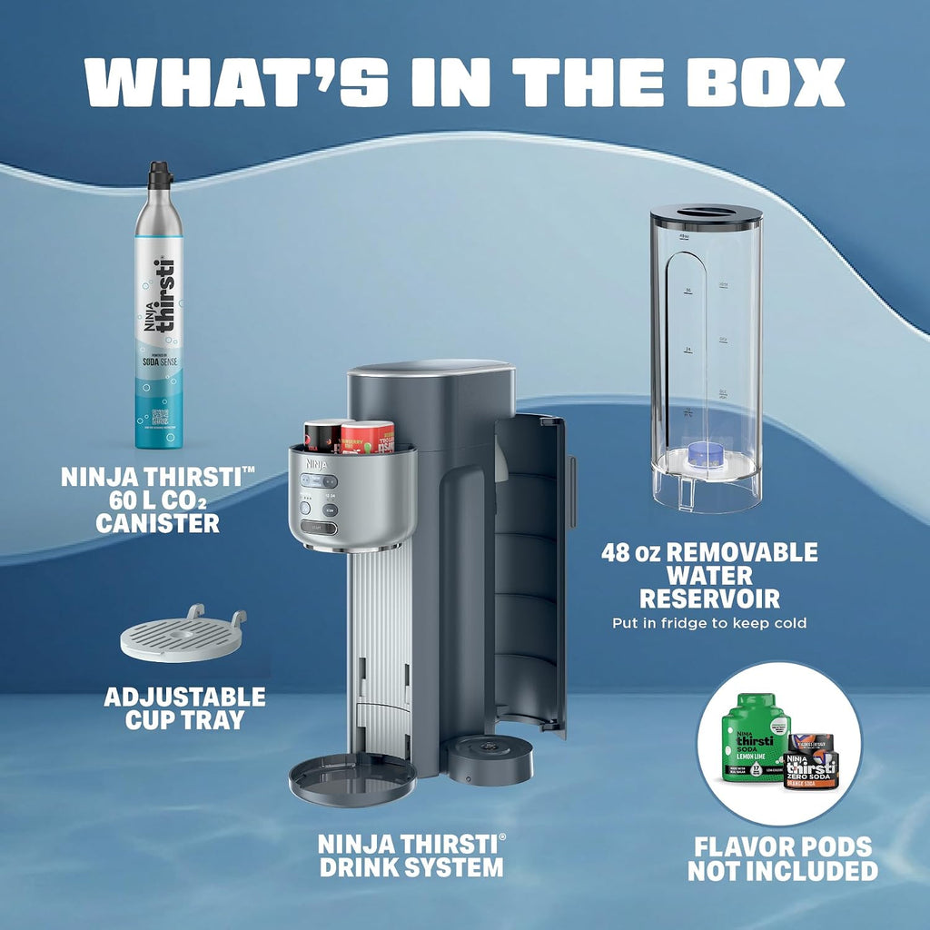 Ninja Thirsti Ultimate Drink System, Soda Maker, Cyberspace, WC3001BL2 | Still or Sparkling, Create fountain-fresh drinks with 20+ zero or low-calorie flavors, Customize your fizz and flavor