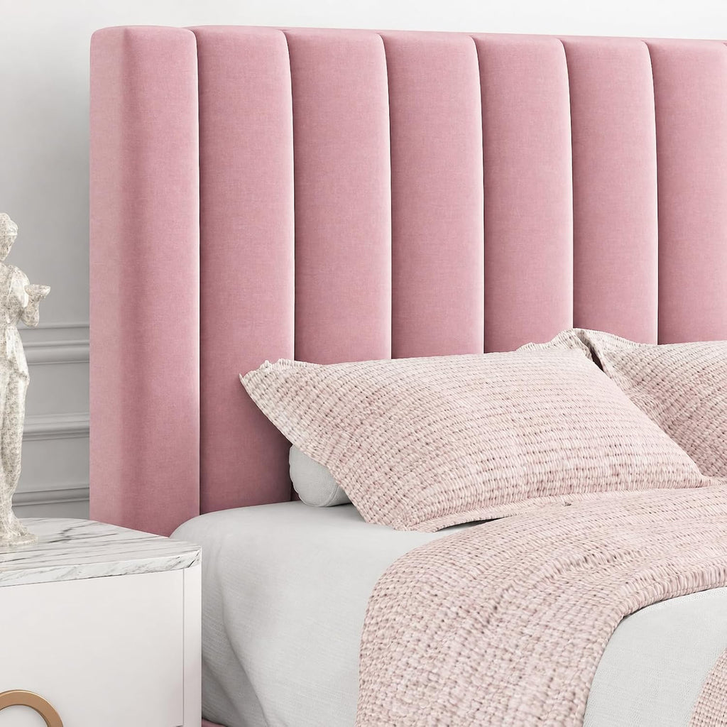 Allewie Queen Bed Frame/Velvet Upholstered Bed Frame with Vertical Channel Tufted Headboard/Strong Wooden Slats/Platform Bed Frame/Mattress Foundation/Box Spring Optional/Easy Assembly/Pink
