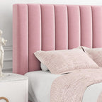 Allewie Queen Bed Frame/Velvet Upholstered Bed Frame with Vertical Channel Tufted Headboard/Strong Wooden Slats/Platform Bed Frame/Mattress Foundation/Box Spring Optional/Easy Assembly/Pink