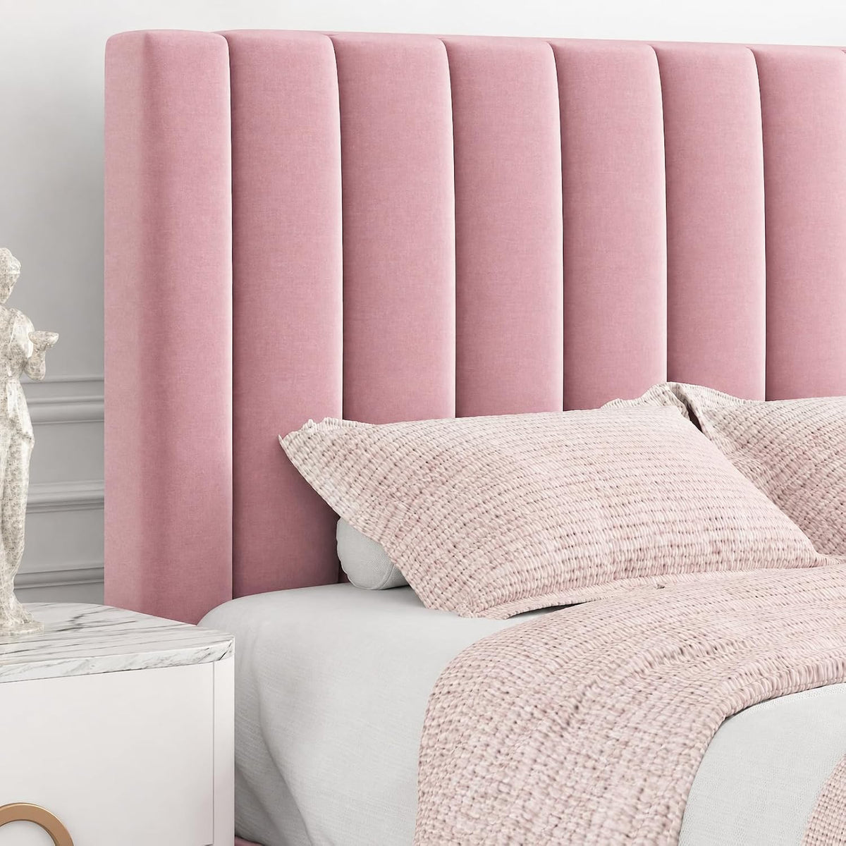 Allewie Queen Bed Frame/Velvet Upholstered Bed Frame with Vertical Channel Tufted Headboard/Strong Wooden Slats/Platform Bed Frame/Mattress Foundation/Box Spring Optional/Easy Assembly/Pink