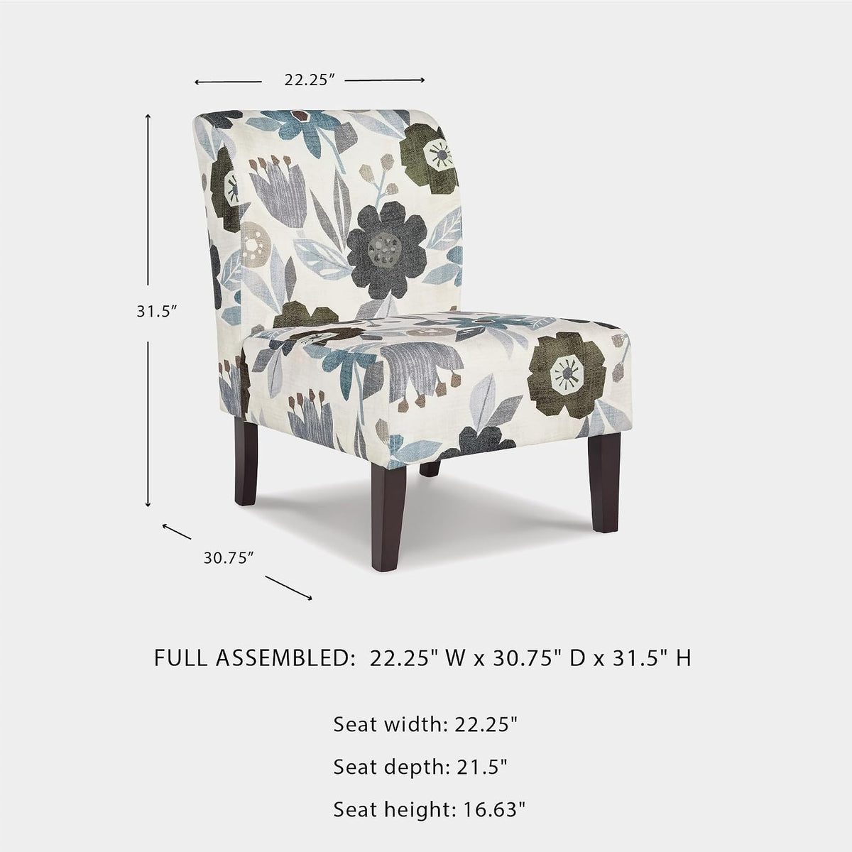 Signature Design by Ashley Armless Accent Chair, Ivory & Blue Floral | Compact profile for small spaces, 100% polyester upholstery, Sturdy black-finished wood legs, Triptis Series
