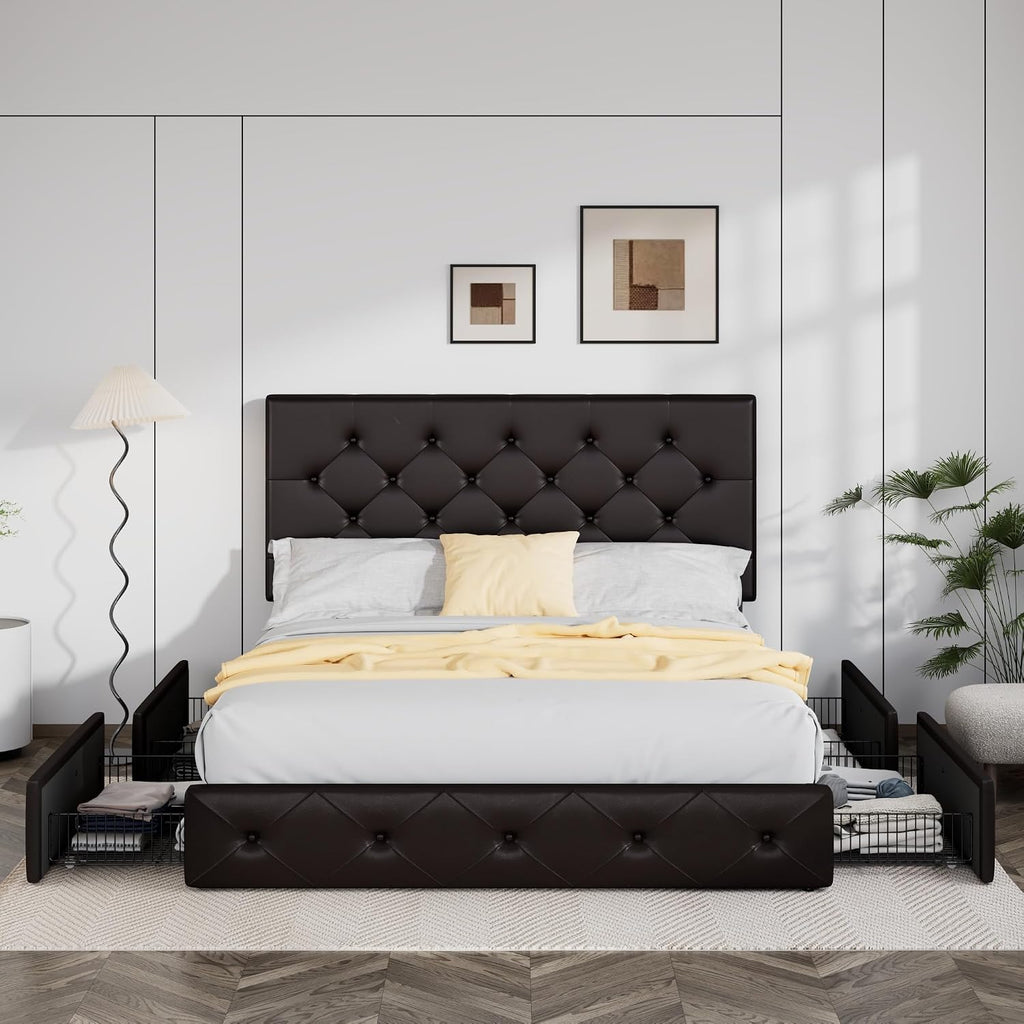 Allewie Queen Size Storage Bed Frame with 4 Underbed Drawers, Upholstered Platform Bed with Adjustable Headboard, Diamond Button Tufted, Easy Assembly, Noise-Free, No Box Spring Needed, Brown