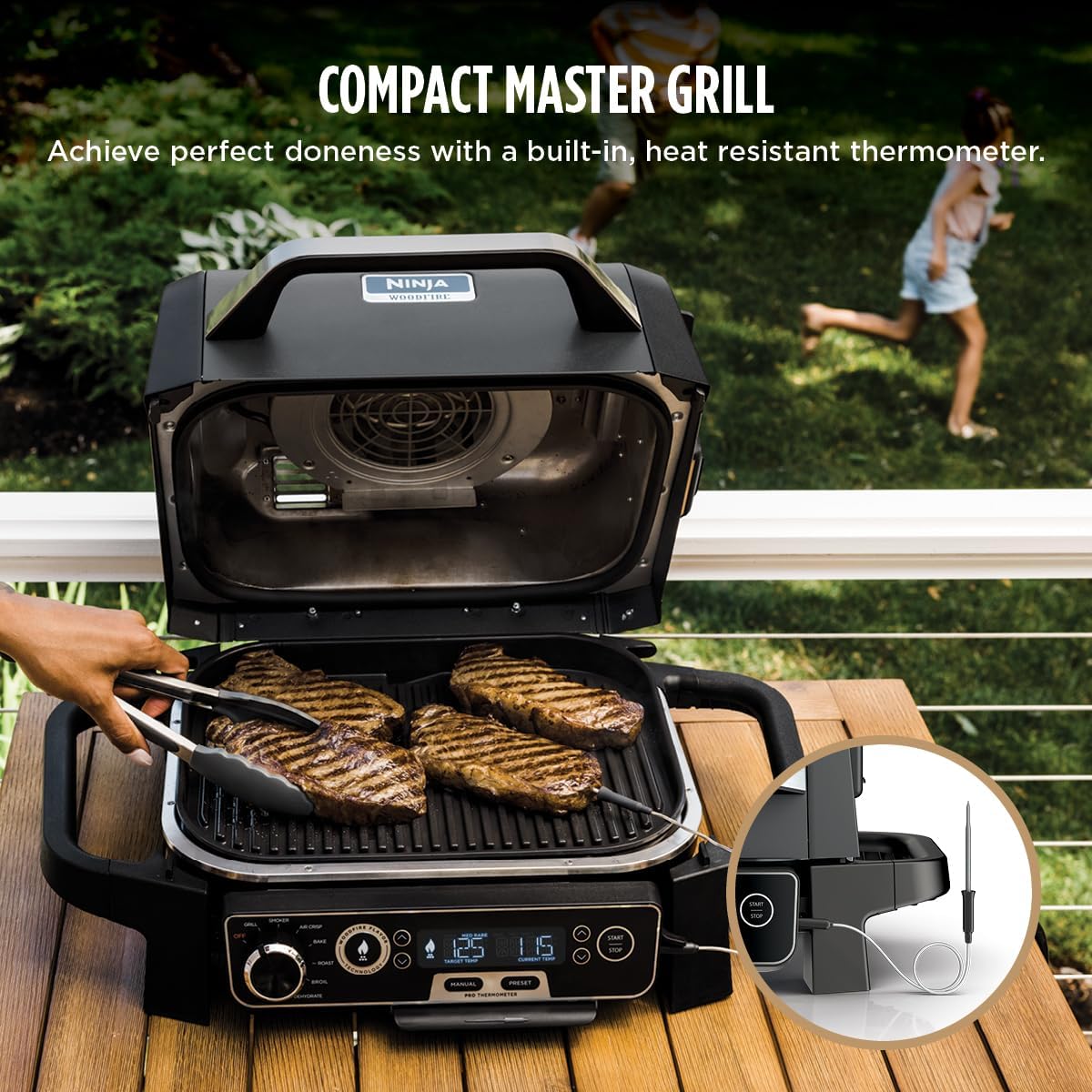 Ninja Woodfire™ Pro Outdoor Grill with Built-in Thermometer, OG751 | Ninja Woodfire Pro Grill uses wood pellets & electric power, with a built-in thermometer for perfect, no-guesswork cooking