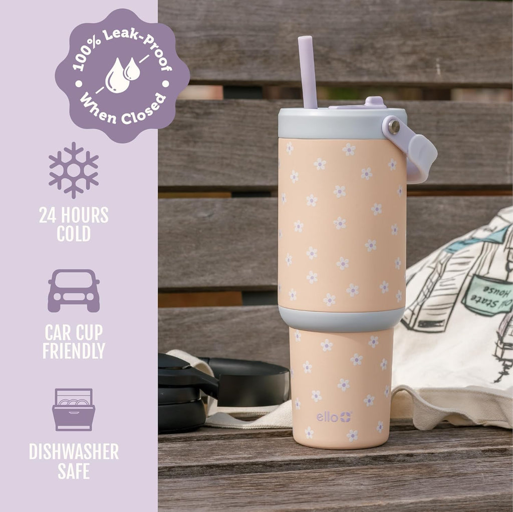 Ello Oasis Go+ 26oz Insulated Stainless Steel Tumbler with Straw, Daisies