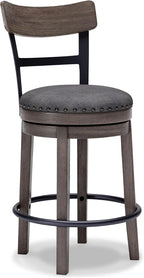 Signature Design by Ashley 1-Piece Swivel Counter Height Bar Stool, Gray | 24-inch seat height, Solid wood base, Metal back supports, Easy-clean polyester upholstery, Nailhead trim, Caitbrook Series