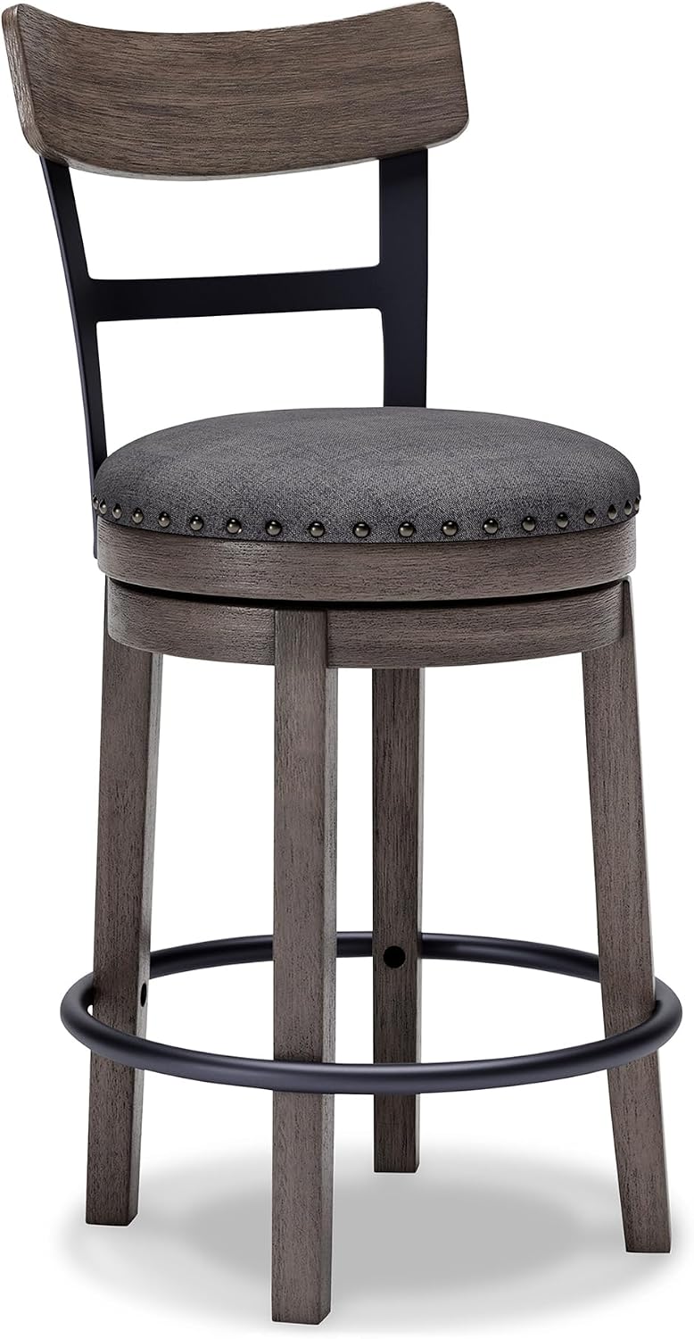 Signature Design by Ashley 1-Piece Swivel Counter Height Bar Stool, Gray | 24-inch seat height, Solid wood base, Metal back supports, Easy-clean polyester upholstery, Nailhead trim, Caitbrook Series