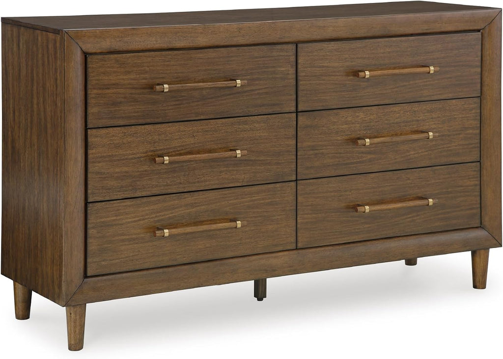 Signature Design by Ashley Mid Century Modern 6 Drawer Dresser for Bedroom | 6-drawer double dresser, Hardwood solids mango wood veneer and MDF substrates, Bedroom storage, Lyncott Series