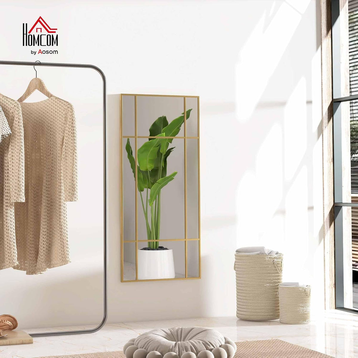 HOMCOM Rectangle Wall Mirror 110 x 50cm Window Style Vanity Mirror Gold