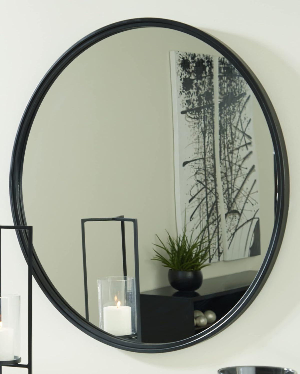 Signature Design by Ashley 31 Inch Round Black Wall Mounted Accent Mirror | Spacious 30 inch inner glass with thin metal frame, Modern decor for living rooms and dressing rooms, Brocky Series