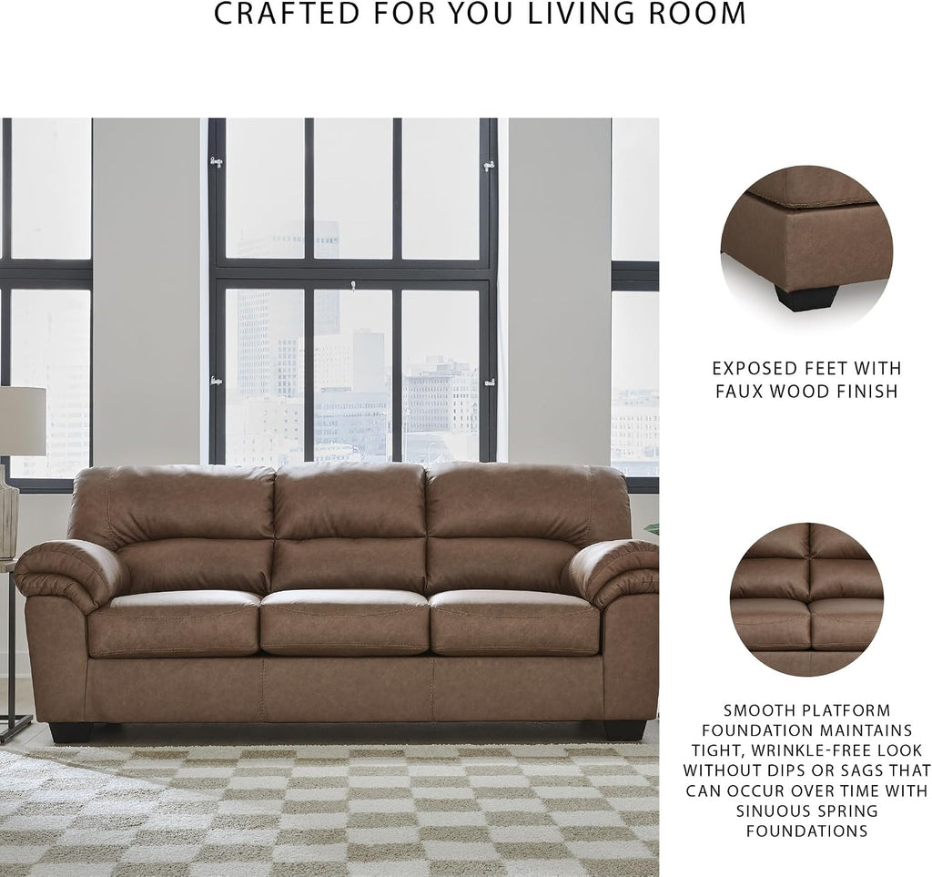Signature Design by Ashley Caramel Faux Leather Sofa, No Assembly Required | Anti-sag platform deck, Caramel 98% polyester and 2% PU blend, Contemporary 3-seater design, Walker Point Series
