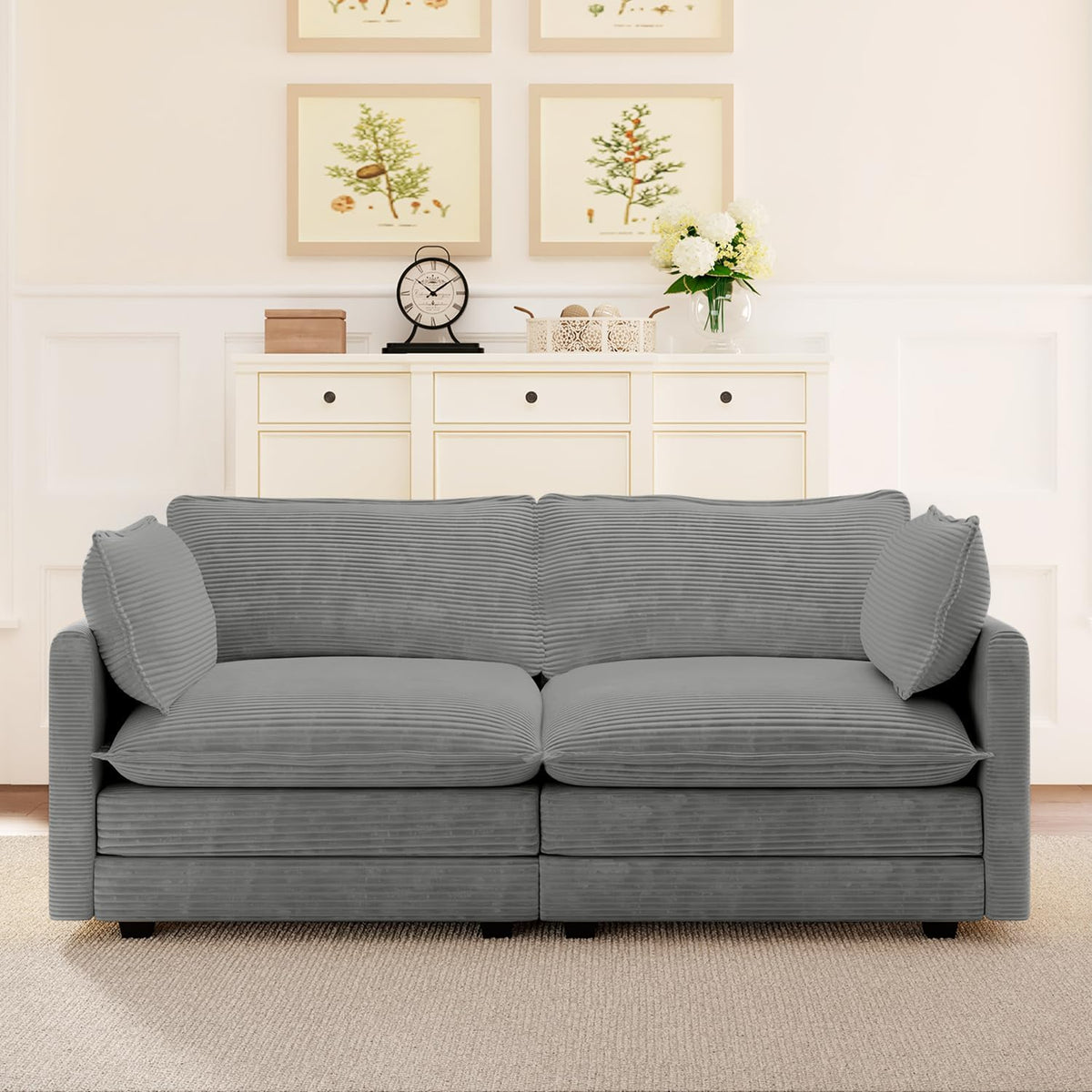 ROWHY 112'' Sectional Modular Cloud Couch, Oversized 5 Seat Couches U Shaped Sofa with 2 Movable Ottomans, 2 Throw Pillows, Upholstered Corduroy U Shape Comfy Deep Couches for Living Room, Beige