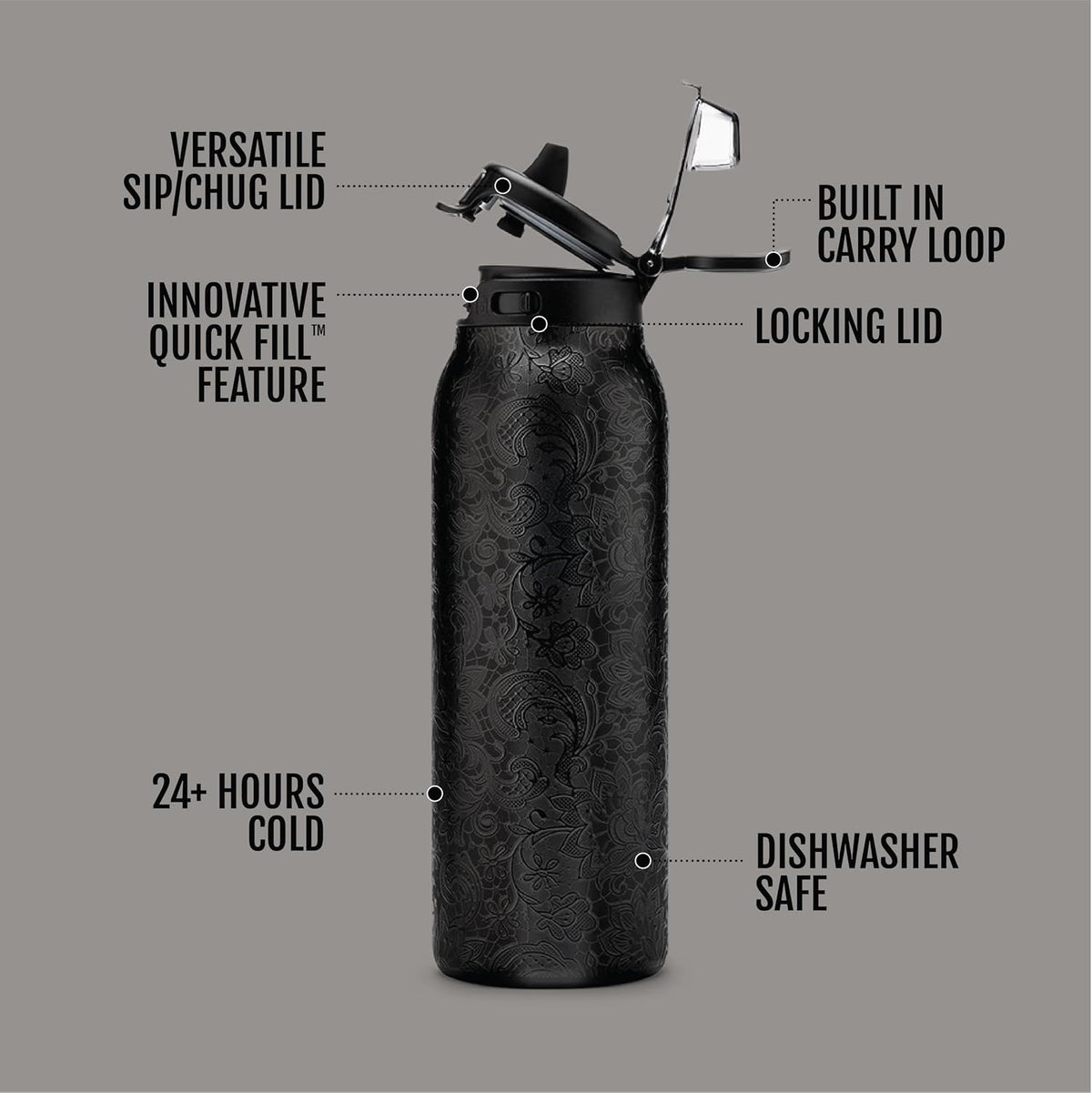 Ello Pop & Fill Insulated Stainless Steel Water Bottle with Quick Fill Lid, Leakproof Locking, Sip or Chug Spout, BPA-Free, Double Wall Vacuum Insulated for Sports, Travel & School- 22oz / 32oz / 40oz