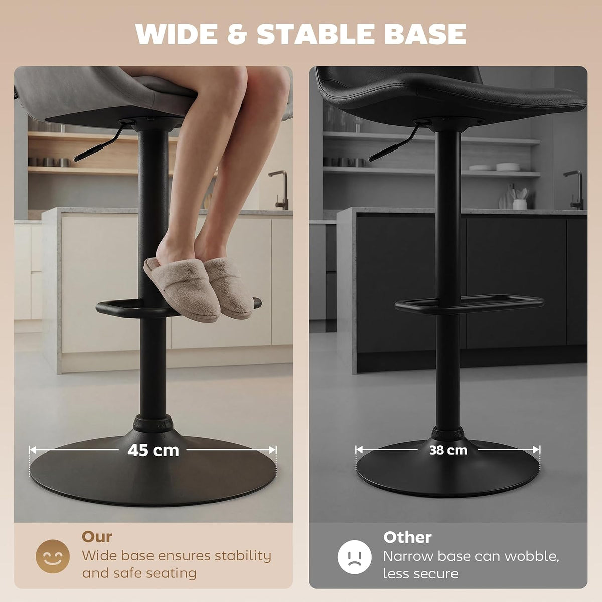 HOMCOM Bar Stools Set of 2 w/ 51x40 cm Wide Seat, Large Base, Dark Grey