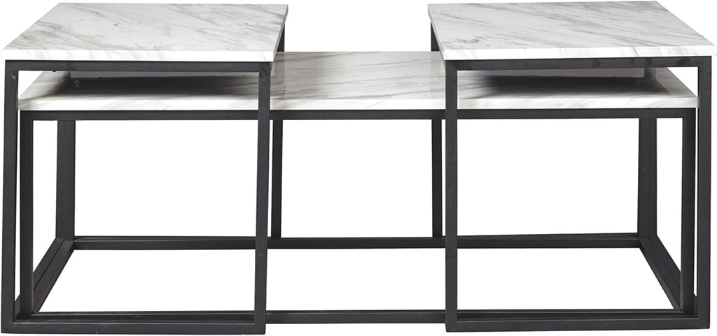 Signature Design by Ashley Donnesta 3 Piece Nesting Coffee Table Set | Space saving design, Decorative laminate over engineered wood, Faux Carrara marble pattern, Black powder coated metal