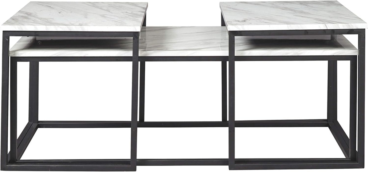 Signature Design by Ashley Donnesta 3 Piece Nesting Coffee Table Set | Space saving design, Decorative laminate over engineered wood, Faux Carrara marble pattern, Black powder coated metal