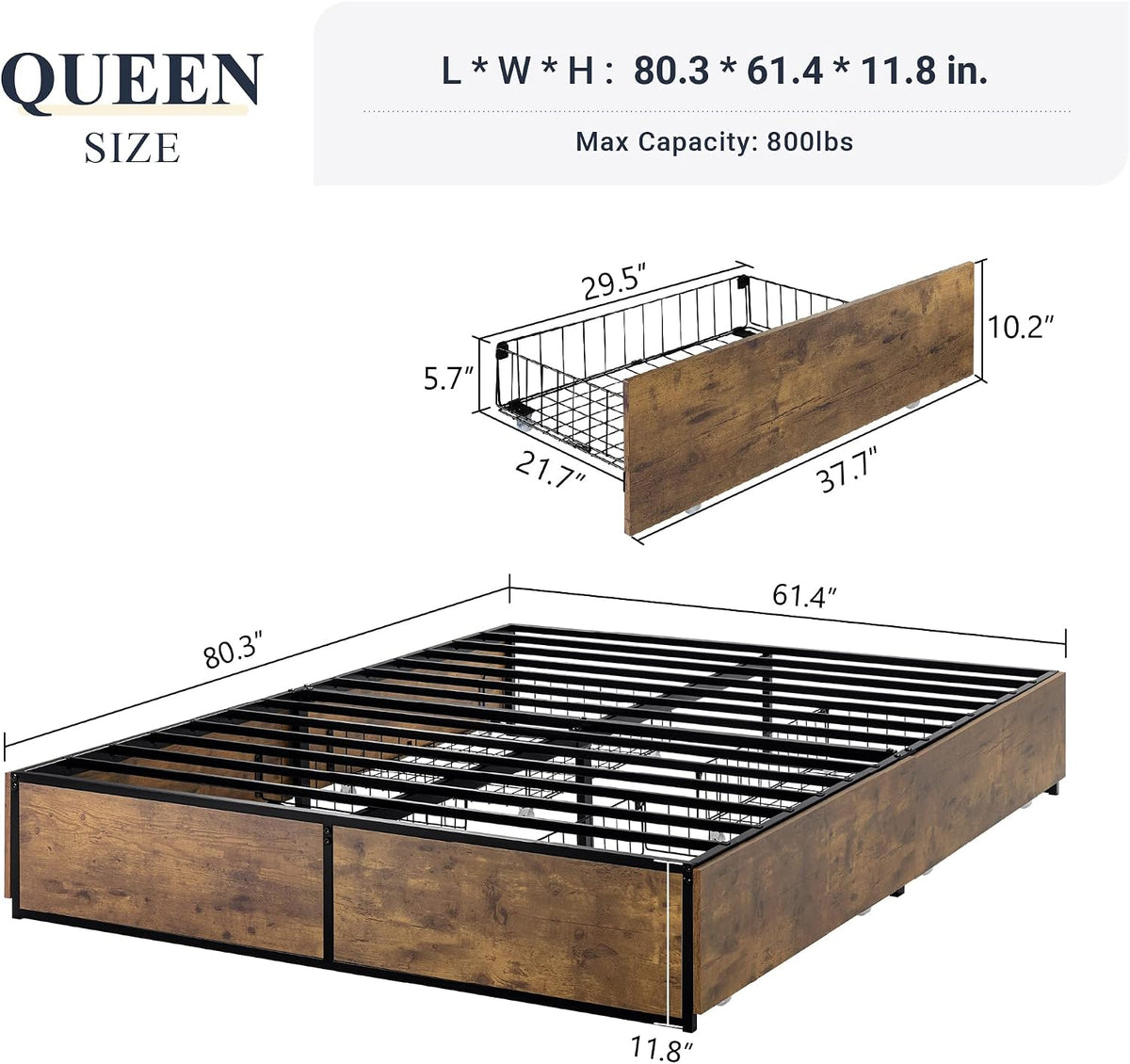 Allewie Industrial Storage Bed with 4 Large Drawers, Queen