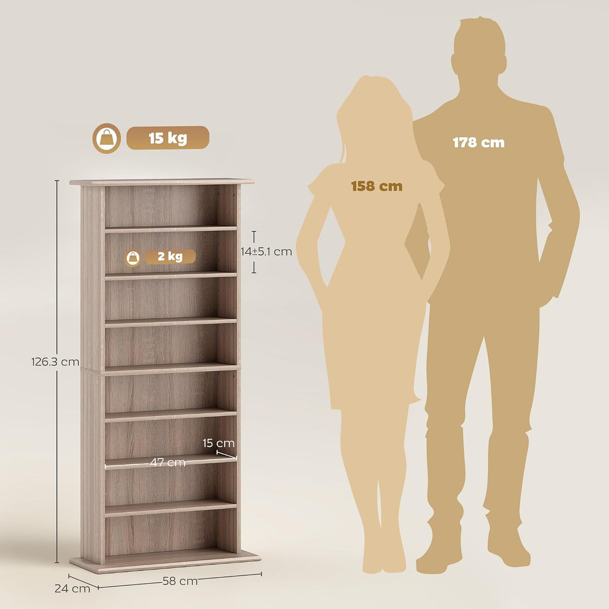HOMCOM 360 CD/185 DVD Storage Unit 6 Adjustable Shelves Natural Wood Finish