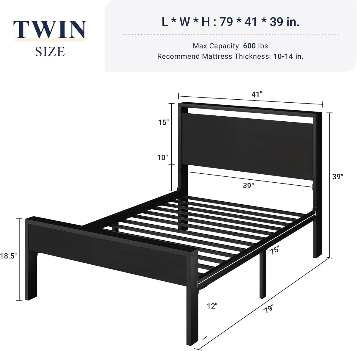Allewie Twin Size Bed Frame, Heavy Duty 12 Metal Slats Support, Black Oak