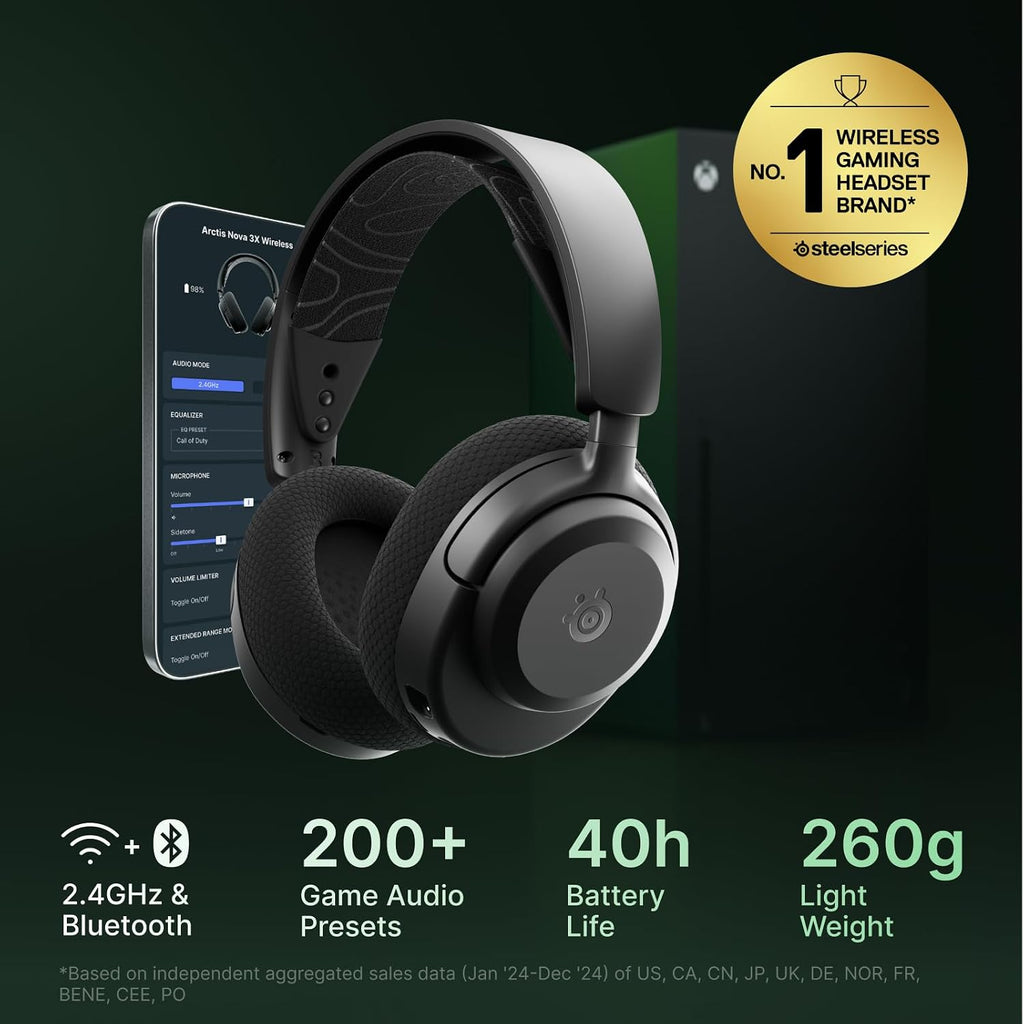SteelSeries Arctis Nova 3X Wireless - Xbox Headset - Gaming Headset - Mobile App Control - 40 HR Battery with fast charging - Compatible with Xbox, PC, Switch and more - 2.4GHz/Bluetooth - Black