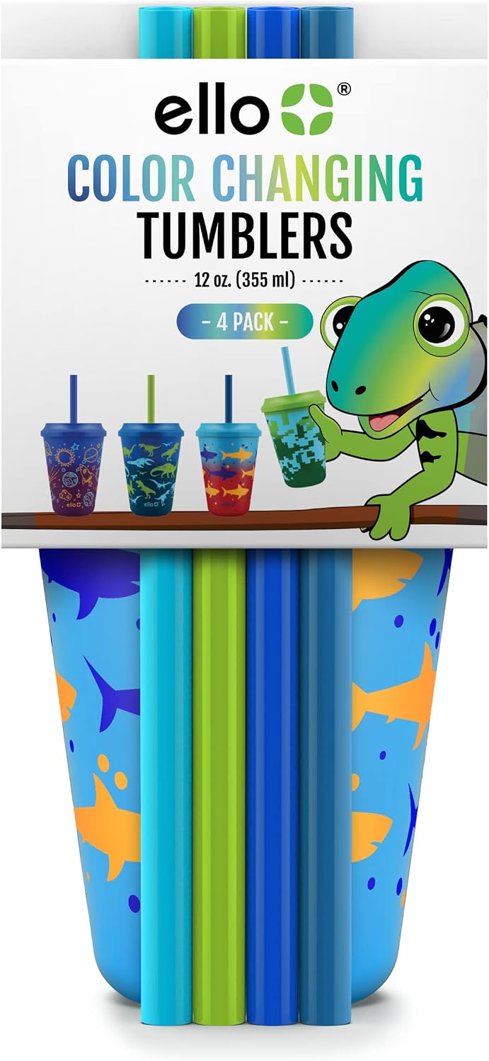 Ello 12oz Kids Plastic Reusable Color Changing Cups with Twist on Splash-Proof Lids and Straw, BPA Free, Dishwasher Safe