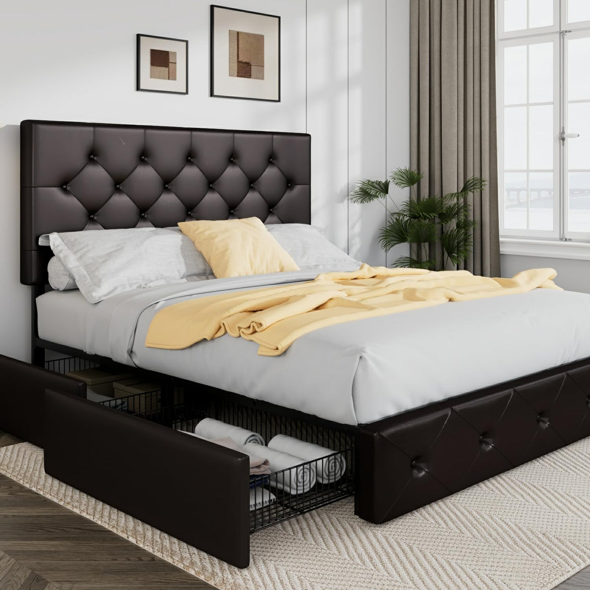 Allewie Queen Size Storage Bed Frame with 4 Underbed Drawers, Upholstered Platform Bed with Adjustable Headboard, Diamond Button Tufted, Easy Assembly, Noise-Free, No Box Spring Needed, Brown