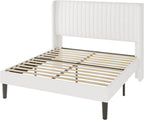 Allewie Queen Size Velvet Bed Frame/Vertical Channel Tufted Wingback Headboard/Upholstered Platform Bed/Strong Wooden Slats/No Box Spring Needed/Easy Assembly/White