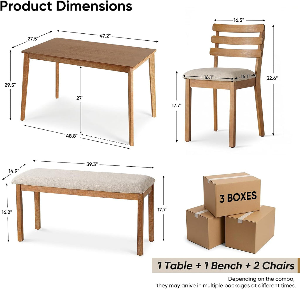 4-Piece Farmhouse Dining Set, Wooden Dining Table with 2 Chairs, Bench Seat