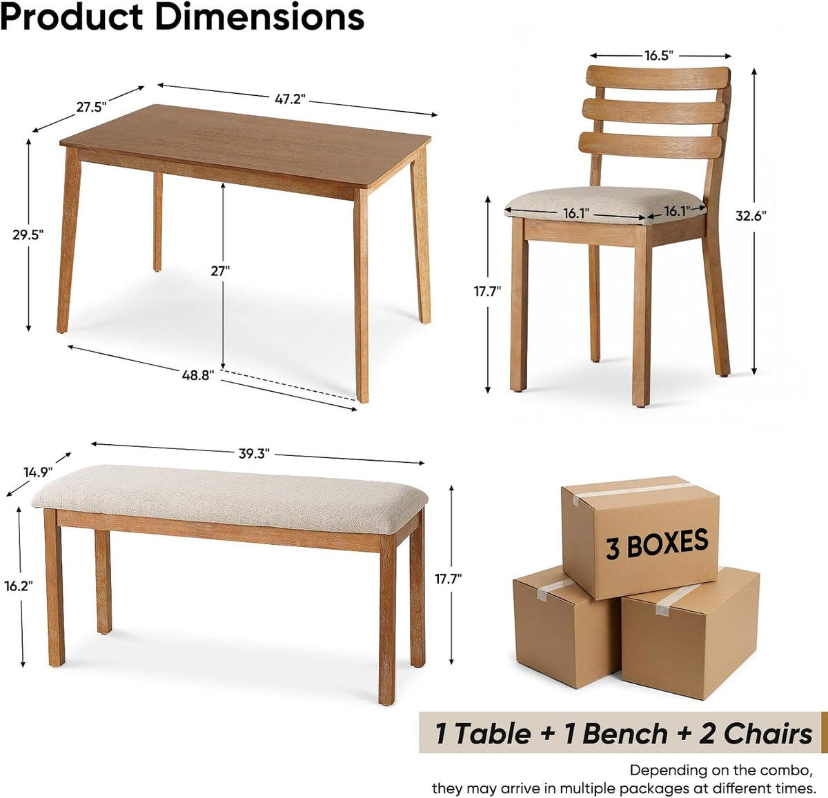 4-Piece Farmhouse Dining Set, Wooden Dining Table with 2 Chairs, Bench Seat