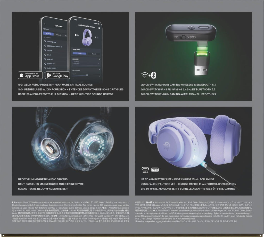 SteelSeries Arctis Nova 3X Wireless - Xbox Headset - Gaming Headset - Mobile App Control - 40 HR Battery with fast charging - Compatible with Xbox, PC, Switch and more - 2.4GHz/Bluetooth - Lavender