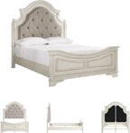 Signature Design by Ashley Realyn Queen Upholstered Bed Frame | 71-inch tall tufted headboard, Traditional panel bed of veneers, wood and engineered wood, French country style