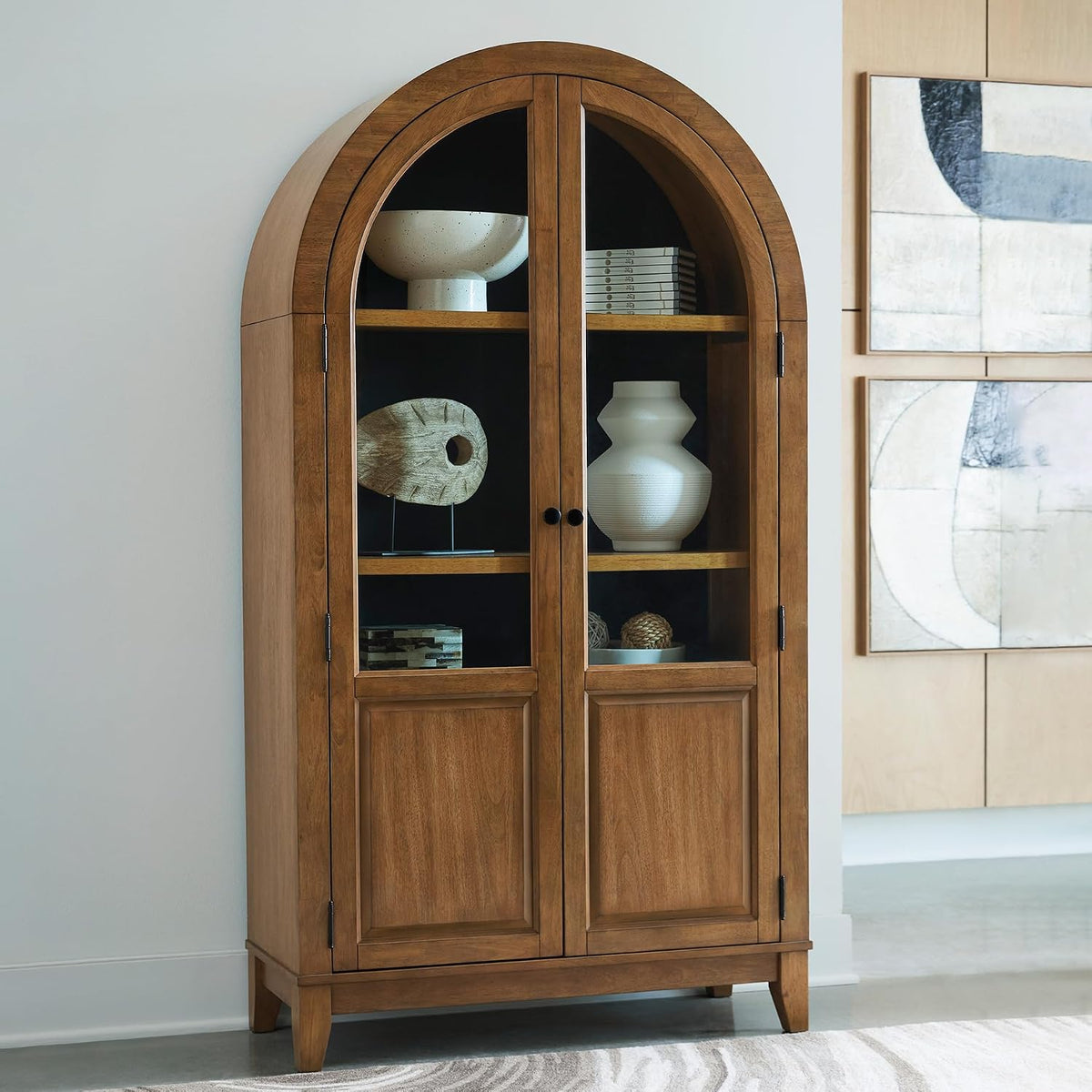 Signature Design by Ashley 74" Wood Glass Display Cabinet, Dagandale | Mango wood veneer construction, Natural and black finish, Spacious 4-tier china cabinet, Living room use