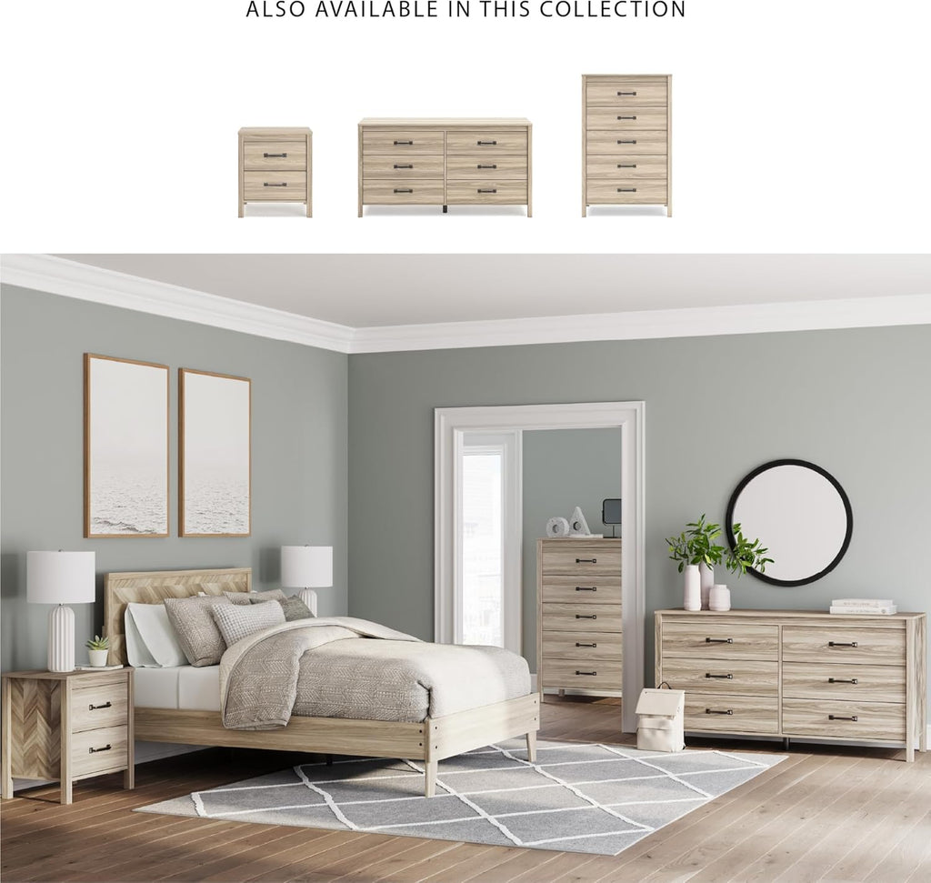Signature Design by Ashley Battelle Nightstand, Mid Century Modern 2 Drawer Bedside Table, Engineered Wood Construction for Bedroom Storage, Light Oak Finish, 22 inches W