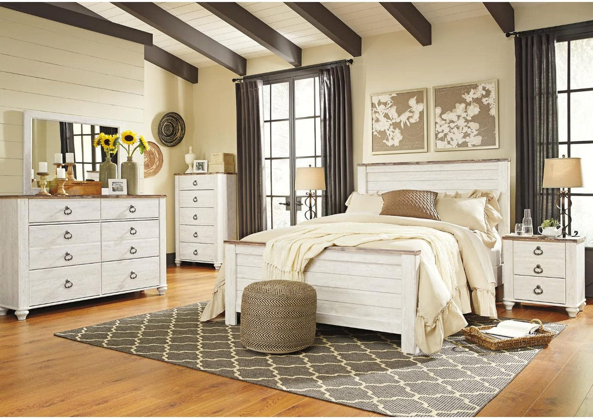 Signature Design by Ashley Coastal Queen Panel Headboard, Whitewash | Engineered wood rustic queen headboard, Farmhouse headboard queen option with built-in USB chargers, Willowton Series