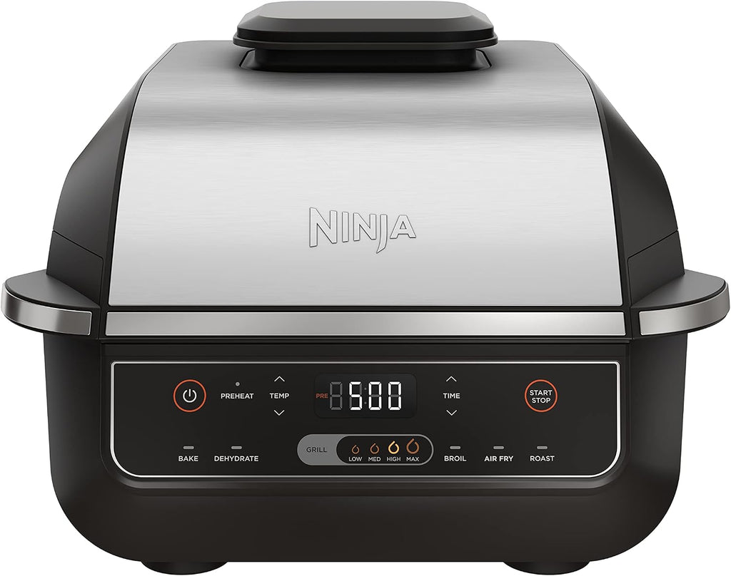 Ninja® Foodi® 6-in-1 Indoor Grill & Air Fryer, 500°F, Black/Silver, EG201 | Cyclonic Grilling, 500°F Surround Searing for char-grilled marks, virtually smoke-free. 6-in-1: Grill, Air Fry, Roast & more.