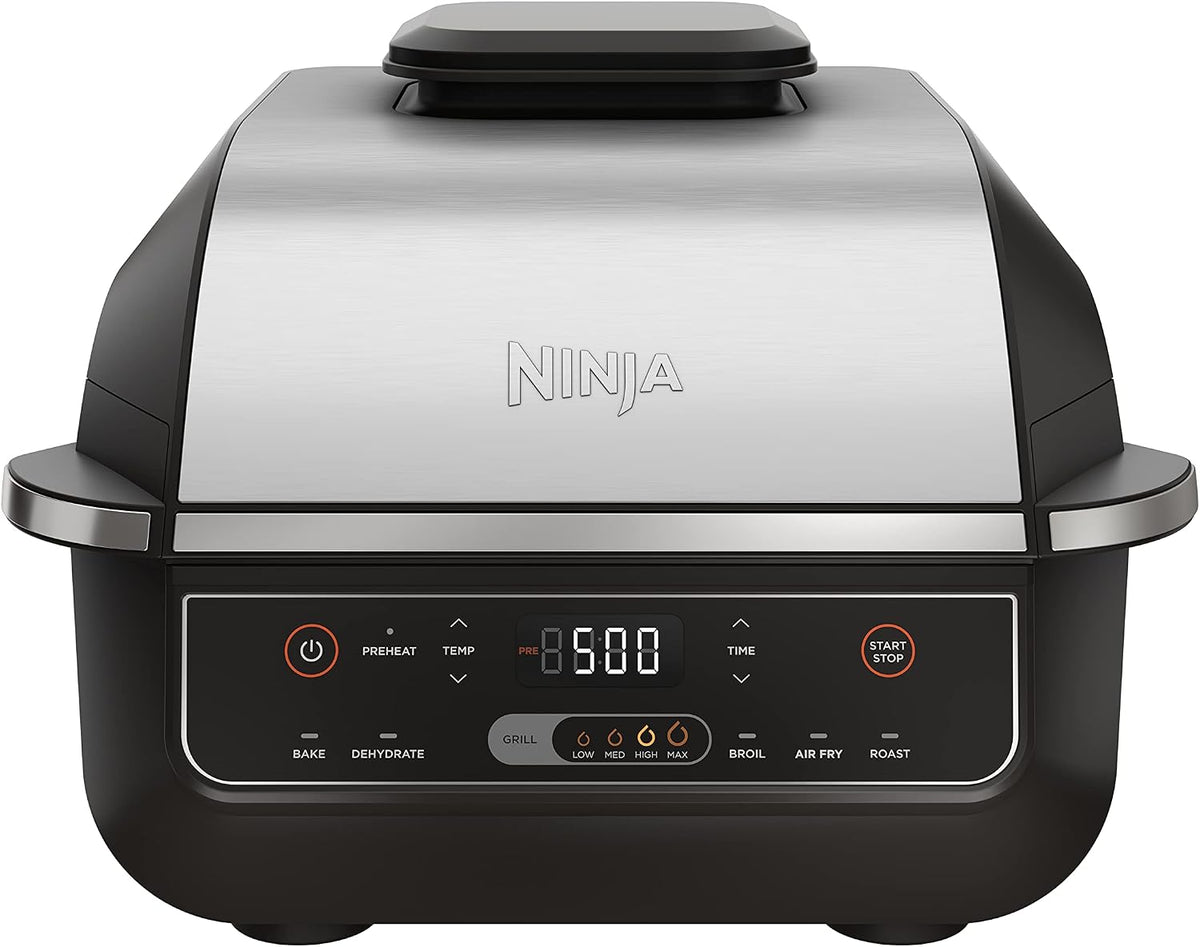 Ninja® Foodi® 6-in-1 Indoor Grill & Air Fryer, 500°F, Black/Silver, EG201 | Cyclonic Grilling, 500°F Surround Searing for char-grilled marks, virtually smoke-free. 6-in-1: Grill, Air Fry, Roast & more.