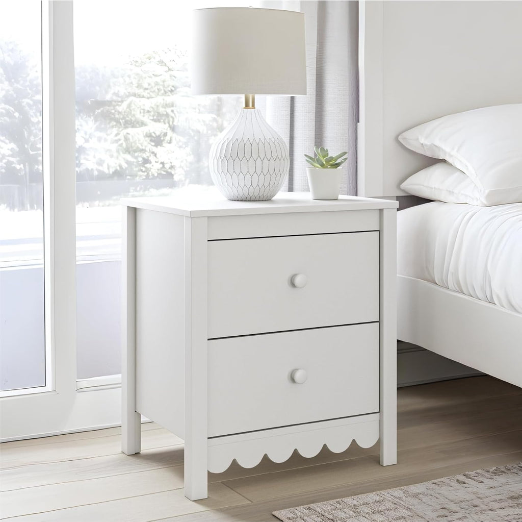 Signature Design by Ashley Bedside Table Nightstand, Scalloped, 2 Drawers | Engineered wood, Coastal farmhouse style, Scalloped edge, Youth bedroom use, Hallityn Series