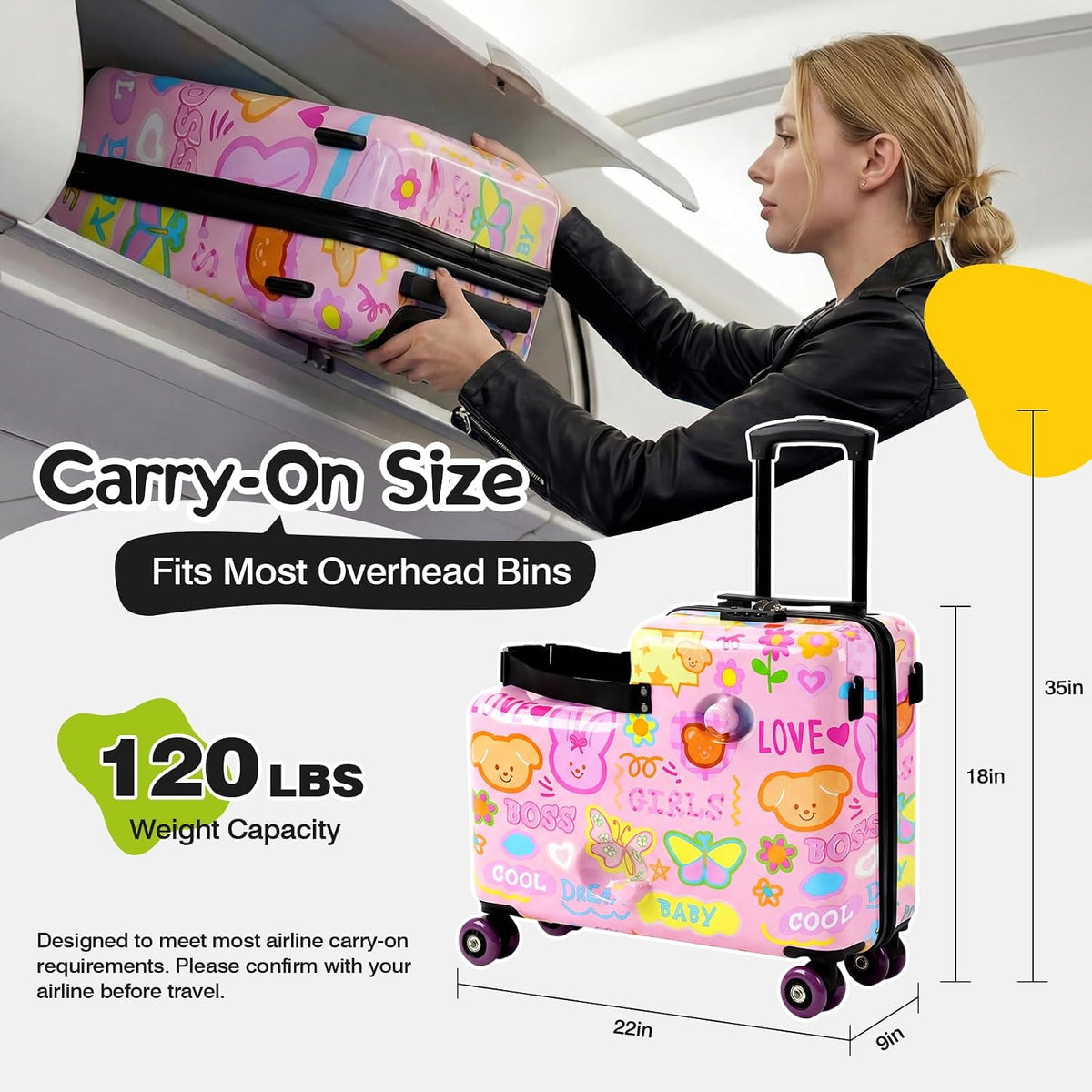 20" Ride On Luggage for Kids,Cute Pattern,Lightweight Hardshell Carry-On Luggage with Double Spinner Wheels,TSA Lock,Circular Handrail,Safety Belt,Foot Pedal,for Boys&Girls,Load Cap. 120 lbs (Pink)