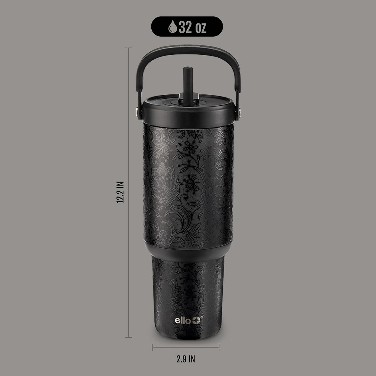 Ello Oasis Go+ 32oz Tumbler with Top Handle and Retracting Straw | Reusable Insulated Stainless Steel Cup, 100% Leakproof Water Bottle, 24 Hours Cold, Cup Holder Friendly For Travel | Black Lace