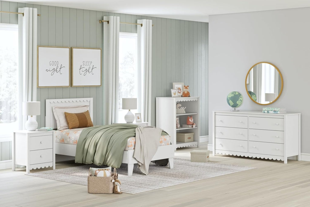 Signature Design by Ashley Hallityn Twin Scalloped Bed Frame, White | Scalloped headboard for cottage charm, Durable engineered wood, 350-lb capacity platform design