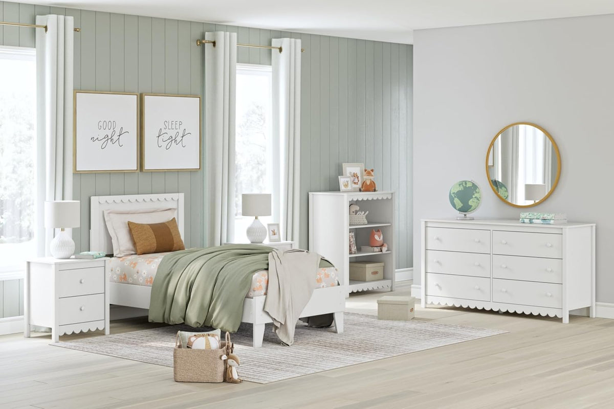 Signature Design by Ashley Hallityn Twin Scalloped Bed Frame, White | Scalloped headboard for cottage charm, Durable engineered wood, 350-lb capacity platform design