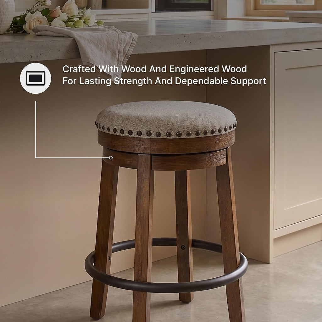 Signature Design by Ashley Valebeck Swivel Counter Height Bar Stool, 24 in | Backless cushioned seat, 360-degree swivel, Dark brown wood & black metal base, Kitchen island seating, Rustic style