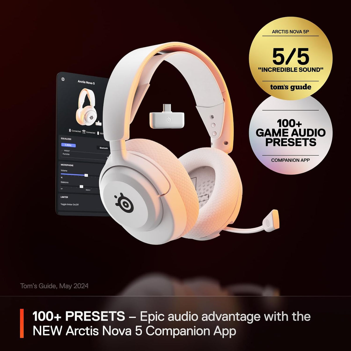 SteelSeries Arctis Nova 5 Wireless - Wireless Gaming Headset for PC - Compatible with PC, PS5, Switch & more - Mobile App Control - 60 HR Battery with Fast Charge - 2.4GHz/Bluetooth - White