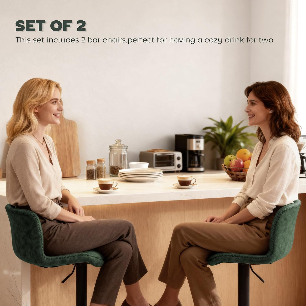 HOMCOM Bar Stools Set of 2 Height Adjustable, Backrest Footrest, Green