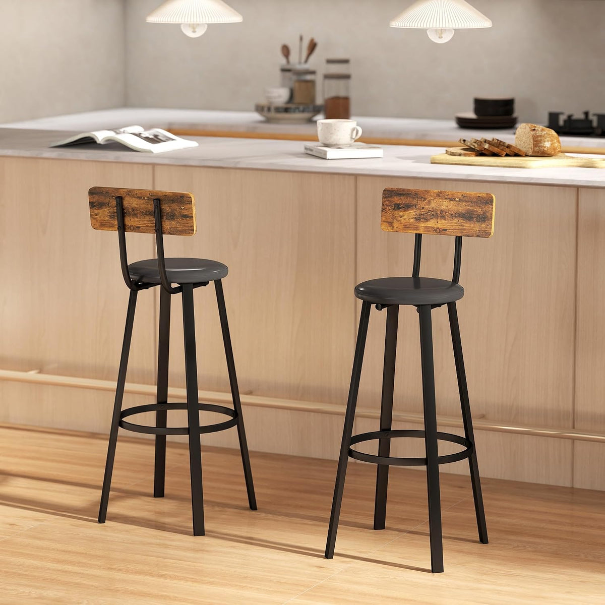 HOMCOM Bar Stools Set of 2 Upholstered Backrest Rustic Brown and Black