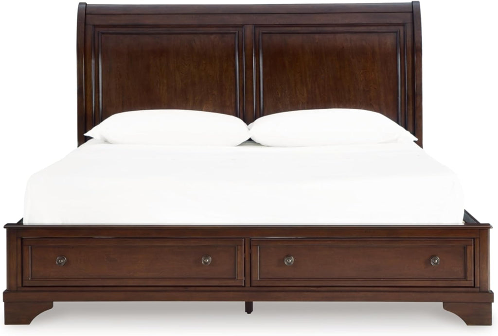 Signature Design by Ashley King Sleigh Storage Bed Frame, Brown | Hardwood solids, Select hardwood veneer and MDF substrate, King sleigh bed, Dark bronze-tone knobs, Trellington Series
