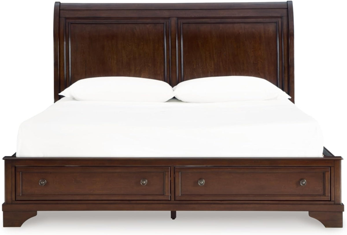 Signature Design by Ashley King Sleigh Storage Bed Frame, Brown | Hardwood solids, Select hardwood veneer and MDF substrate, King sleigh bed, Dark bronze-tone knobs, Trellington Series