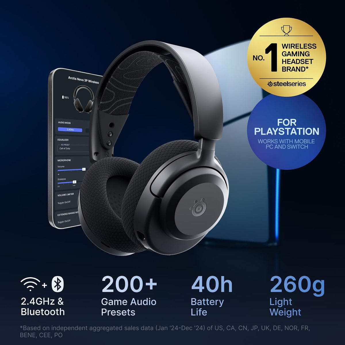 SteelSeries Arctis Nova 3P Wireless - PS5 Headset & PC Gaming Headset - Mobile App Control - 40 HR Battery with fast charging - Compatible with PlayStation, PC, Switch - 2.4GHz/Bluetooth - Black
