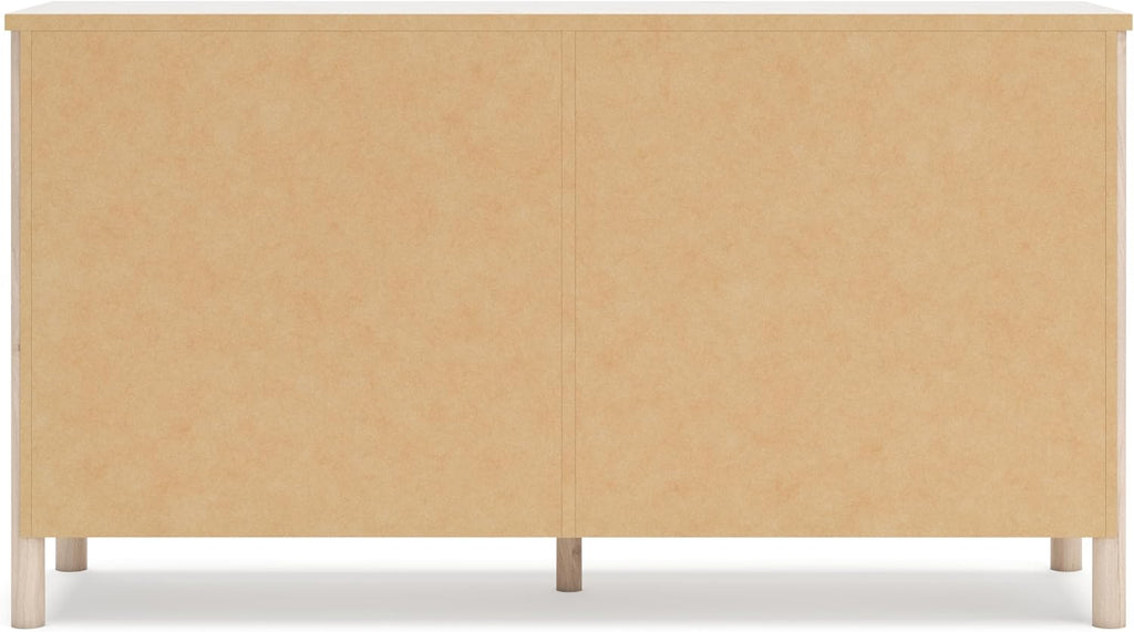 Signature Design by Ashley Cadmori Casual Bohemian Dresser with Post Legs and 6 Drawers, Replicated Marble Top, Wood, 35" High, White and Light Brown Finish